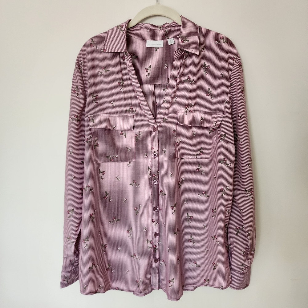 New York & Company loan sleeve striped and floral button down shirt size XL